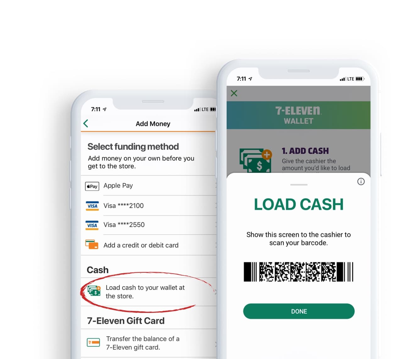 How to quickly load your first $20 cash to your 7-Eleven wallet in the 7-Eleven app. Pictured: 2 phone screens showing how to load cash in to your 7-Eleven wallet.