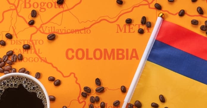 Columbian flag over map of Columbia | Columbian coffee