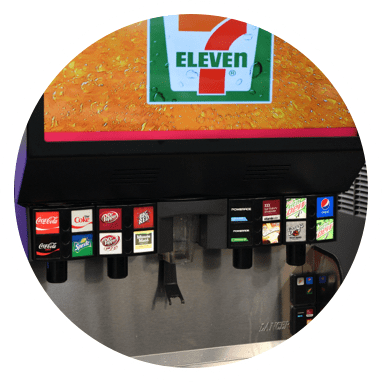 The 7-Eleven soda fountain with Coke, Diet Coke, Pepsi, Dr Pepper, Sprite, Coke Zero and various other soda varieties.